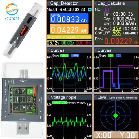 TU13 USB Tester Type-C+USB Multimeter 0-50V 6.5A Color Display PD/QC/PPS Fast Charger Detector Volta