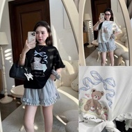 Bigsize Set of cute bear t-shirts with blue stripedShorts 55-95kg S631