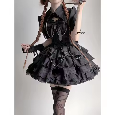 Black Gothic Camisole Slip Dress Lolita Suit Dog Short Dress Lolita Heavy Industry Pompony Princess 