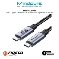 Mindpure US031 USB3.2 Type-C Cable Gen2 240w PD 20Gbps high speed 4K@60Hz