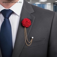 [Popularfactors] Unique Handmade Cloth Rose Wedding Brooch for Grooms with Dazzling sel Chain [MY]