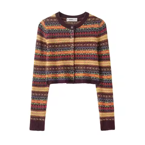 Zevity 2026 Women Vintage Fair Isle Patchwork Crochet Knitting Sweater Female Chic Buttons Cardigan 