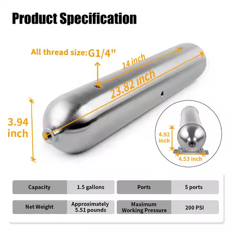 1.5 Gallon Polish 600MM Long Aluminum Seamless air cylinder air tank pneumatic air suspension system