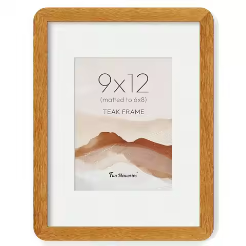 Picture Frame Solid Teak Wood Frame With Real Glass, 9x12 Wooden Frame With Mat For 6x8, Perfect For
