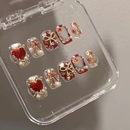 Handmade nail nails, wearing nails, cute patches, retro red bow nails, light luxury dopamine short n
