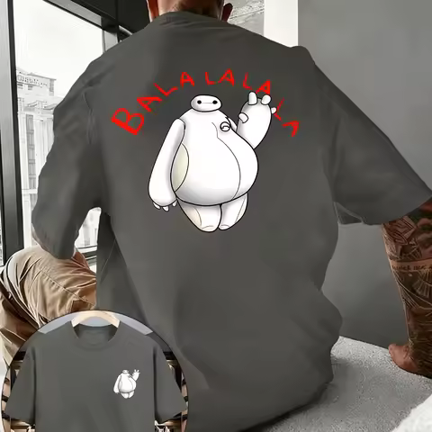 Disney Men'S Trendy Round Neck Short Sleeve Shirt Featuring a Playful Baymax Print