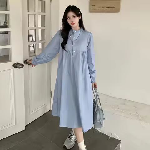2025 Spring Pregnant Women Cotton Dress Denim Blue Stand Collar High Waist Maternity X-Large Dress P