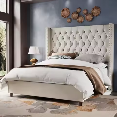 Bed Frame Queen Size 61.4" Tall Headboard Queen Bed Frame Deep Button Tufted Upholstered Bed Frame