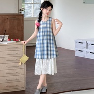 Girl Sleeveless Dress Blue Plaid Summer Suitable for Height 110-170cm Weight 15-50kg