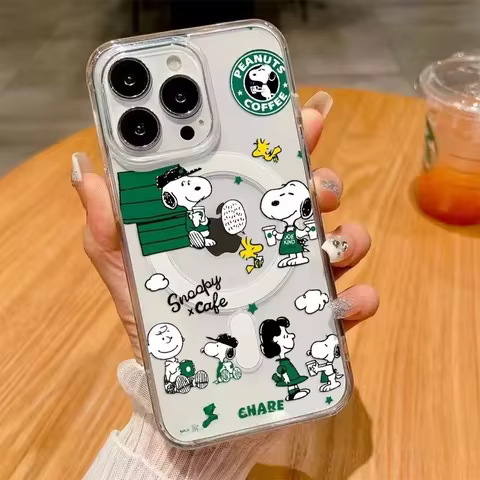 Cute Cartoon S-Snoopy coffee For Magsafe Wireless Charge Phone Case For IPhone 13 14 15 16 17 Pro Ma