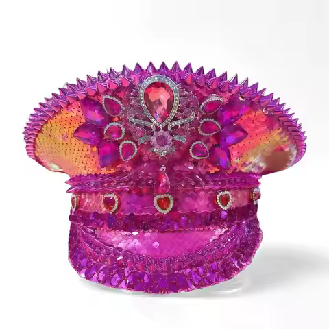 HongLuan Red Steampunk Captain Hat Rhinestone for Burning Man Festival Woman - Rave Festivals Access