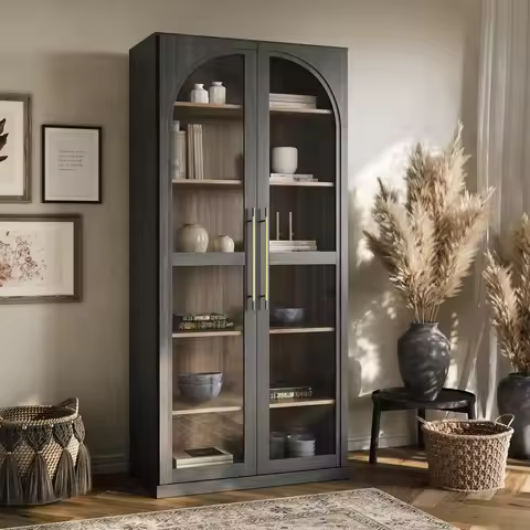 6 Shelf Glass Bookcase Display Cabinet Modern Wood Wine Curio Cabinet with 4 Adjustable Shelves Disp