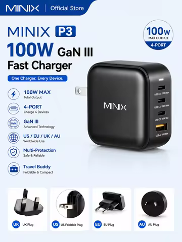 MINIX NEO P3 100W GaN USB Charger with Multi-Plug Adapter EU/US/AU/UK for MacBook, iPhone, Samsung,