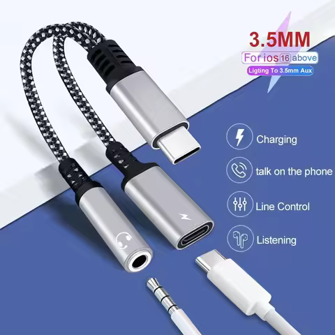PD 60W USB Type C to 3.5mm Headphone and Charger Adapter 2-in-1 USB C to AUX Audio Jack Dongle Cable
