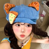 Cute 3D Cat's Ears Beret Men Women Big Head Circumference Octagonal Hat Newsboy Painter Hat