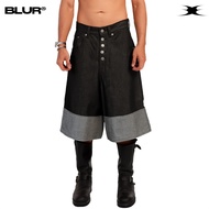 Raw Denim Unisex Wide Leg Short Jeans 14oz Button - BLUR Wide Leg Raw Denim Jorts - Black Raw Denim 
