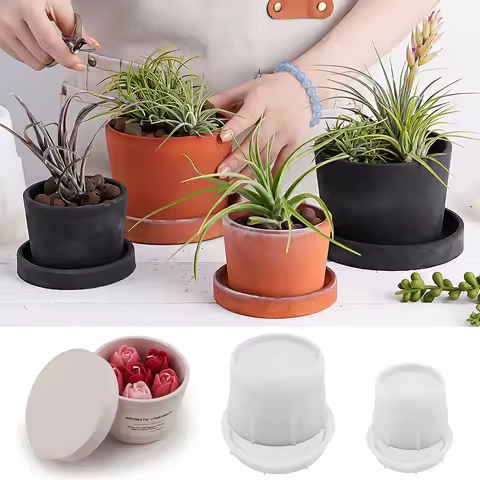 Round Candle Jar Silicone Mold with Lid Set DIY Concrete Casting Flowerpot Jewelry Storage Box Molds