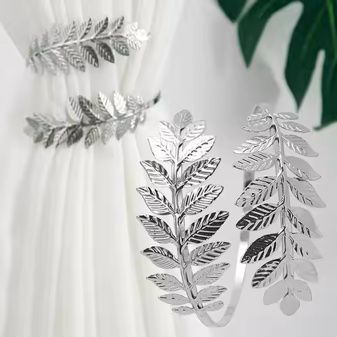 2pcs Curtain Swag Holder Metallic Gold/Silver Leaf Tie Modern Style Pattern Curtain Tiebacks for Bed