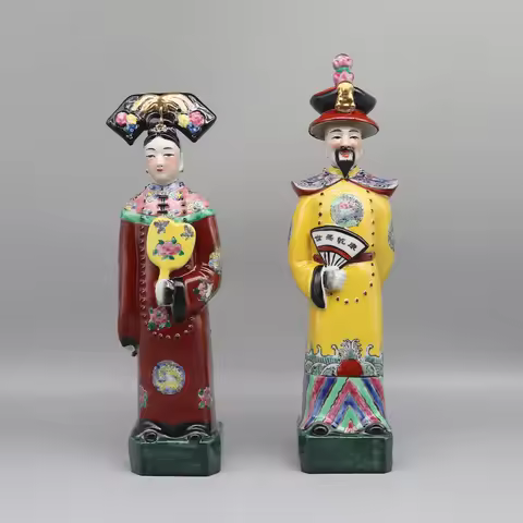 Ceramic statues of Chinese emperor and empress in Qing dynasty, table accessory, home decoration