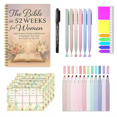 26Pcs Study Bible Stationery Set,52 Weeks Bible Journal For Women | Light Floral Illustrations,Daily