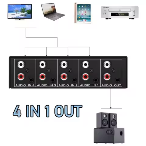 2025 RCA AUX Audio Switcher 4 in 1 Stereo Audio selector 4X1 Passive 3.5mm Aux L/R RCA audio switch 