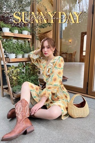 MYT x BELLITA BRAND : [BT75] : จั๊มสูทกางเกงทานตะวันคอวีแต่งระบาย