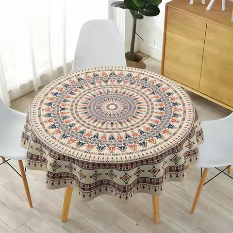One vintage ethnic mandala print tablecloth, 62 inches in diameter, 100% polyester woven