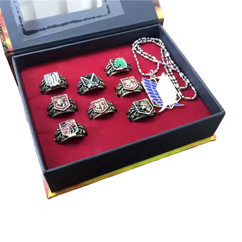9pcs/set Eren Jaeger Stationed Corps Recon Corps Metal Props Cosplay Rings Fingerring Pendant Neckla