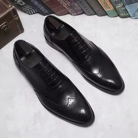 Fashion Men Oxford Male Black/Red Lace-Up Solid Pointed Toe Dress Genuine Leather Wedding Business O
