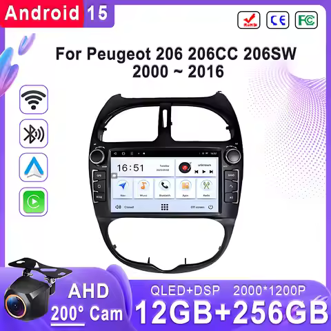 Android 15 2K Incell Screen Car Radio DVD For Peugeot 206 206CC 206SW Radio 2000 ~ 2016 Carplay Auto
