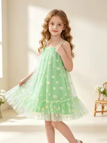 Girls Summer Dress Elegant Daisy Print Mesh Layered Strap Ruffle Bottom Outfit Yellow Green Blue - C