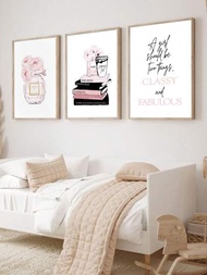 3 件套粉紅色時尚名言藝術海報書籍花卉香水時尚繪畫帆布印刷美容院化妝牆圖片女孩房間裝飾,家居客廳臥室宿舍裝飾