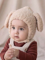 1入組可愛嬰兒長毛絨帽秋天冬天兔子耳朵嬰兒豆豆帽帽子卡通兔子兒童男生女孩耳朵翻蓋帽