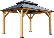 WZZHHJ Fir carport Gazebo, Wood Coated Steel Frame, Double Steel Roof, Outdoor Permanent Metal Gazeb