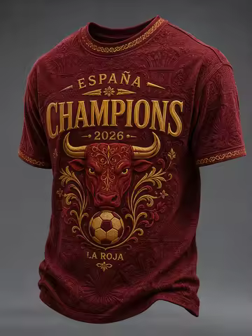 Spanish 2026 UEFA Champions League Red Bull Football Retro Golden Bull Football Pattern Short-Sleeve