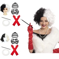 6 Pieces Black and White Wigs Cosplay Costume Set Halloween Party 1920s Accessories for Women Cruell