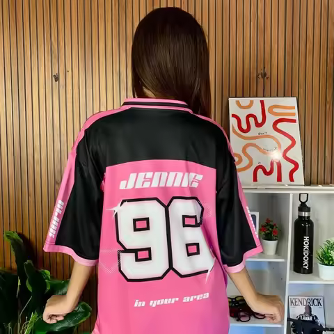 2026 Kpop Idol J 96 Print Pink Black Patchwork Jersey T Shirt Y2K Aesthetic Sportswear Oversized V N