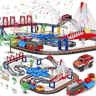 Cusocue Train Car Set for Toddler, Train Track Set with LED Bridge Sounds, Electric Car and Train Set Toy for Boys 3 4 5 6 7 8 9 10 11 12 Year Old Kids, Train Toy Machine Kids Christmas Birthday Gift