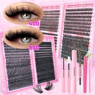 720pcs False Eyelashes w/ Lash Glue Tweezer | Natural 40D+80D Fluffy DIY Cluster Lash Extension Set