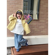 Lemon yellow zip-up feltJacket with fur-lined hood for baby - MG74