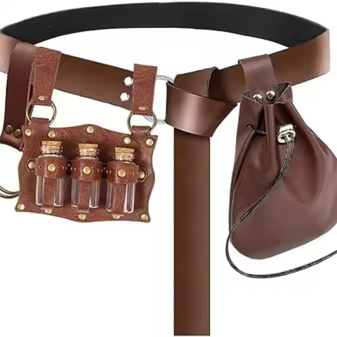 Medieval belt, glass magic bottle with bottle cover, copper coin waist bag set, Halloween costume be