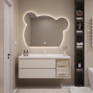 Bear Mirror Cream Style Smart Bathroom Cabinet Combination Stone Plate Seamless Ceramic Whole Washbin Bathroom Table Hand Washing