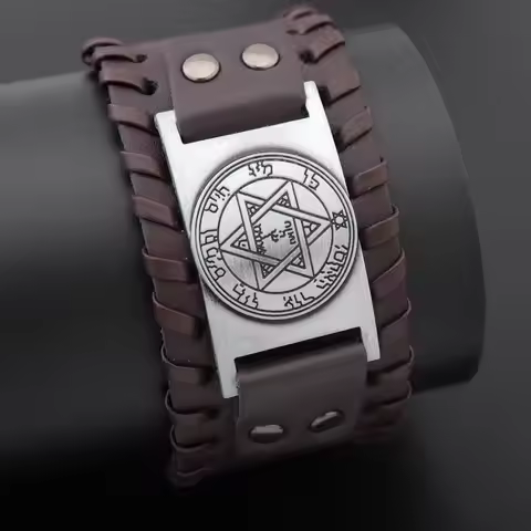 Trendy Totem Design Six-pointed Star Bracelet Men's Bracelet New Fashion Leather Woven Viking Access