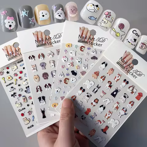 1Pcs 5D Lovely Dog/Cat Nail Art Stickers Cartoon Puppy Kitten Pet Animal Adhesive Nail Decals Y2K Ma