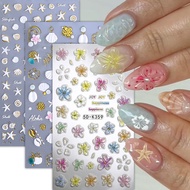 5D White Gold Ocean Animals Embossed Nail Art Stickers Metallic Sea Shells Conch Starfish Hibiscus F
