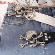 LIXINXING Black Rivet Belt, Rhinestone Y2K Skull Wide Waistband, Strap Buckle Black Adjustable Punk 