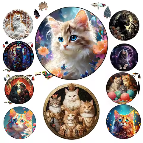 Cat A3 A4 A5 Wooden Puzzle for Adults Children Toys Wood DIY Crafts Round Shaped Holiday Gift Buildi