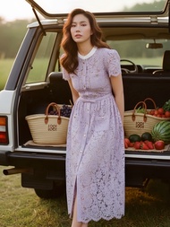 MG198-0725 : เดรสสีม่วง Lilac Lace Button Front Dress