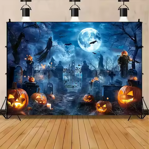 1pc Halloween Night Full Moon Polyester Photography Backdrop Gloomy Woods Graveyard Background