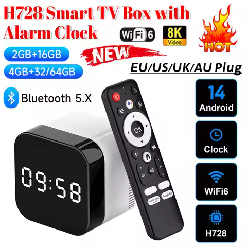EU/US/UK/AU Plug 2/4GB+16/32/128GB Android 14.0 Smart TV Box 8K 4K@60fps Alarm Clock BT 5.X WIFI 6 M